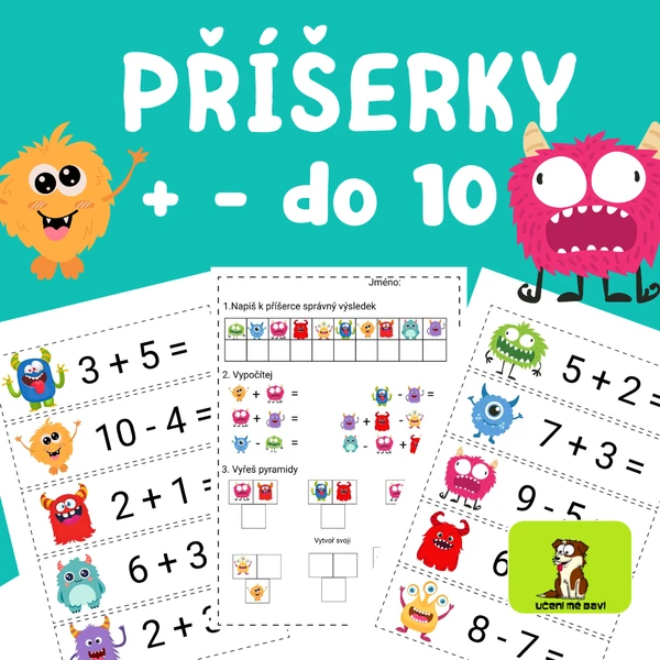 PŘÍŠERKY - sčítání a odčítání do 10 - opakování, gradované úlohy
