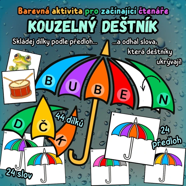 Barevná aktivita pro začínající čtenáře KOUZELNÝ DEŠTNÍK