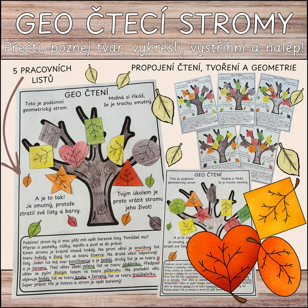 Geo čtecí stromy - čtení s porozuměním, tvary, kreslení, stříhání