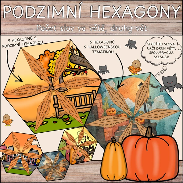 Skládací hexagony - druhy vět, počítání slov ve větě - podzim + Halloween