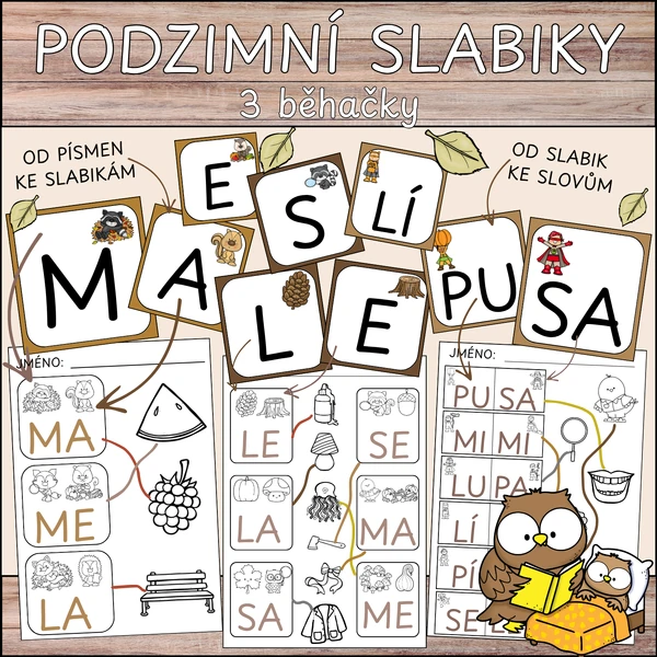 Podzimní běhačky - první slabiky a slova - písmena M, A, L, E, S, O, P, U, I