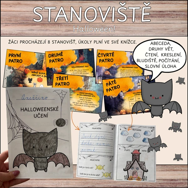 Halloweenské stanoviště - abeceda, druhy vět, čtení, kreslení, počítání..