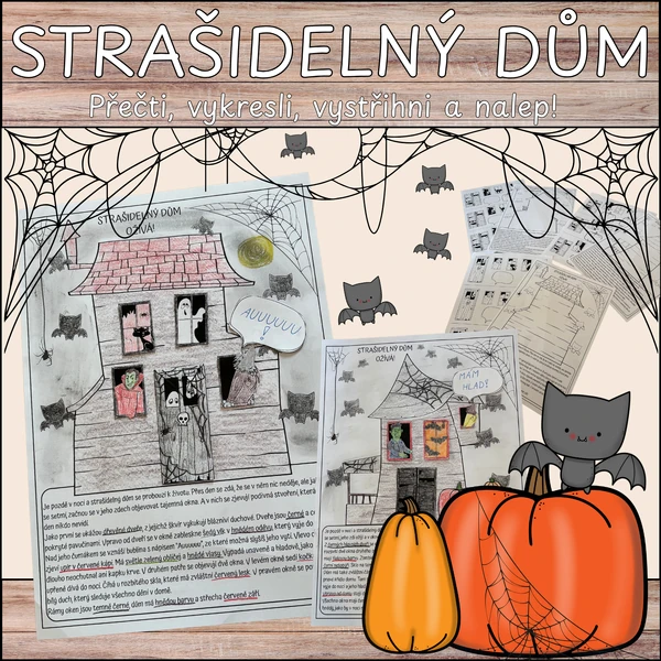 Halloweenské strašidelné domy - čtení s porozuměním, kreslení, stříhání, lepení
