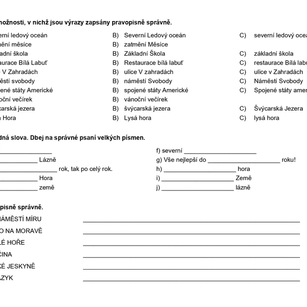 Velká písmena (opakovací pracovní list)
