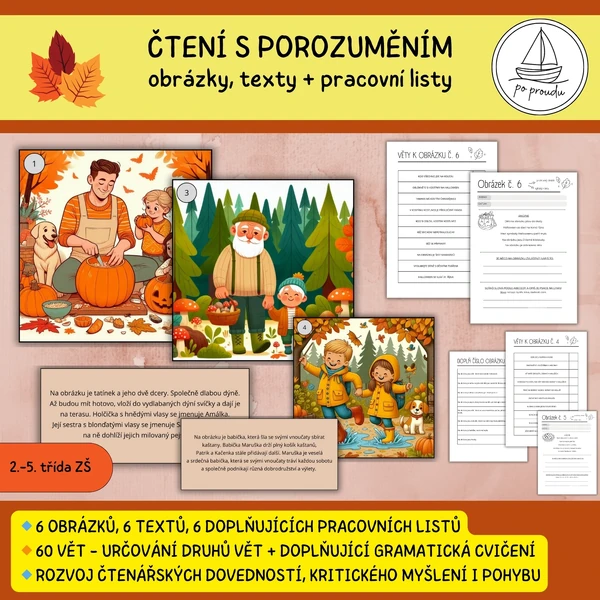 Běhací čtení s porozuměním + druhy vět (PODZIM)