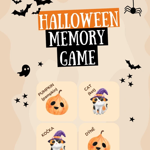 Halloweenské pexeso - Memory Game (CZ–EN + výslovnost)