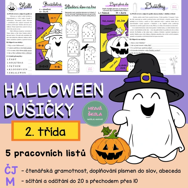 HALLOWEEN, DUŠIČKY - VYBARVOVAČKY ČJ + M - 2. TŘÍDA - 5 PL + řešení