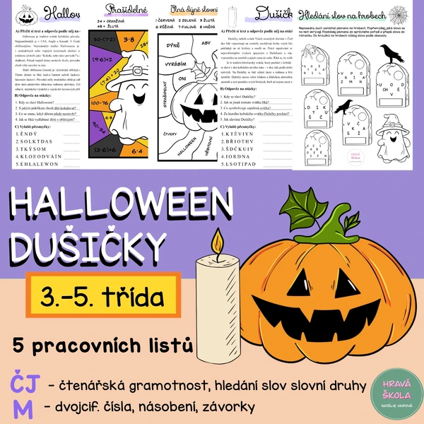 HALLOWEEN, DUŠIČKY - VYBARVOVAČKY ČJ + M - 3.-5. TŘÍDA - 5 PL + řešení