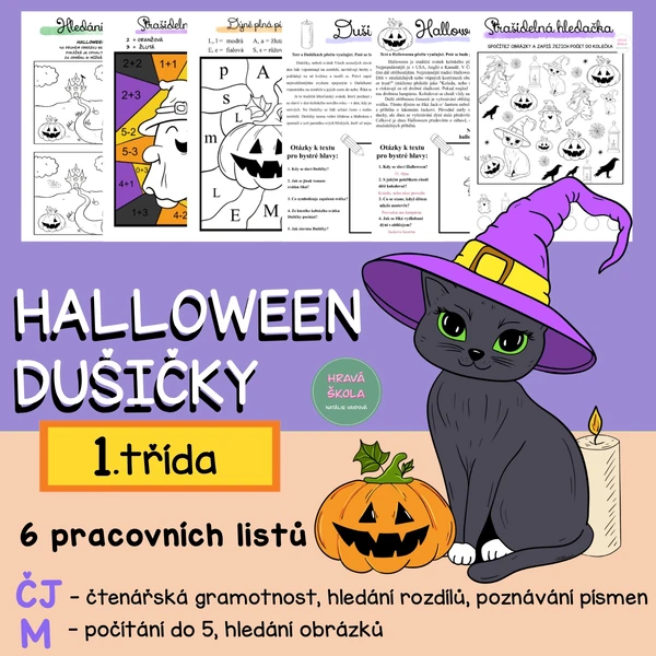 HALLOWEEN, DUŠIČKY - VYBARVOVAČKY ČJ + M - 1. TŘÍDA - 5 PL + řešení