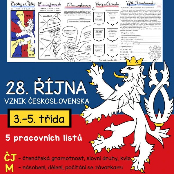 VZNIK ČESKOSLOVENSKA- 28. ŘÍJEN - ČJ + M - 3.-5. TŘÍDA - 5 PL + řešení