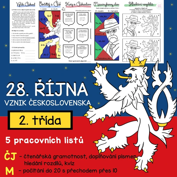 VZNIK ČESKOSLOVENSKA- 28. ŘÍJEN - ČJ + M - 2. TŘÍDA - 5 PL + řešení
