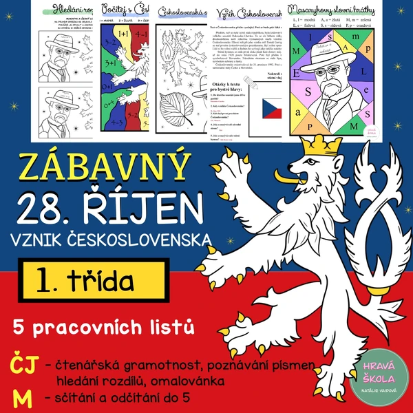 VZNIK ČESKOSLOVENSKA- 28. ŘÍJEN - ČJ + M - 1. TŘÍDA - 5 PL + řešení
