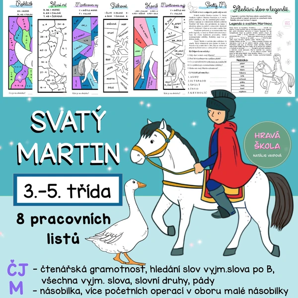 SVATÝ MARTIN - 11. 11. - ČJ + M - 3.-5. TŘÍDA - 8 PL + řešení