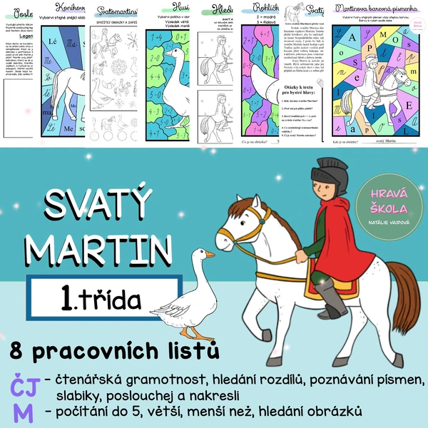 SVATÝ MARTIN - 11. 11. - ČJ + M - 1. TŘÍDA - 8 PL + řešení