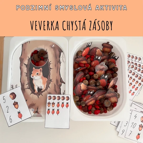 Smyslová aktivita (sensory play) PODZIM - VEVERKA CHYSTÁ ZÁSOBY
