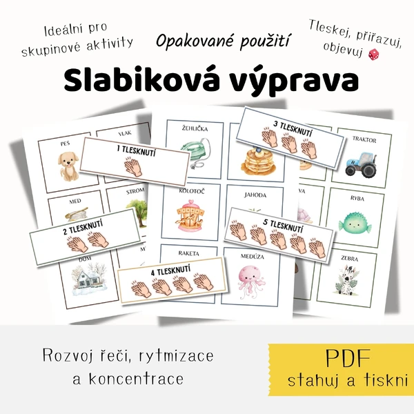 Slabiková výprava 👏 — kartičky pro tleskání a přiřazování slabik (1–5 slabik)