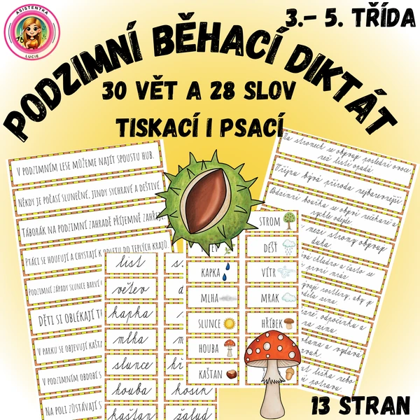Podzimní běhací diktát pro 3.-5. třídu - 30 vět a 28 slov