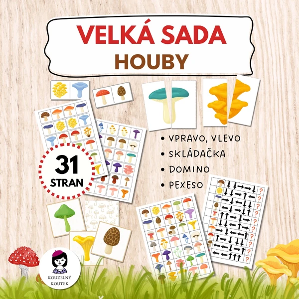 Velká sada - houby | skládačka | pexeso | domino | vlevo, vpravo | šifrování | šipkovaná