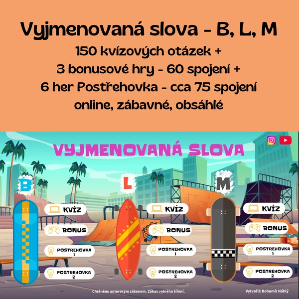 Vyjmenovaná slova po B, L, M - interaktivní bohatý kvíz a hry