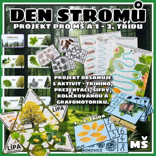 Den stromů - trimino, grafomotorika, šifry, kolíčkovaná