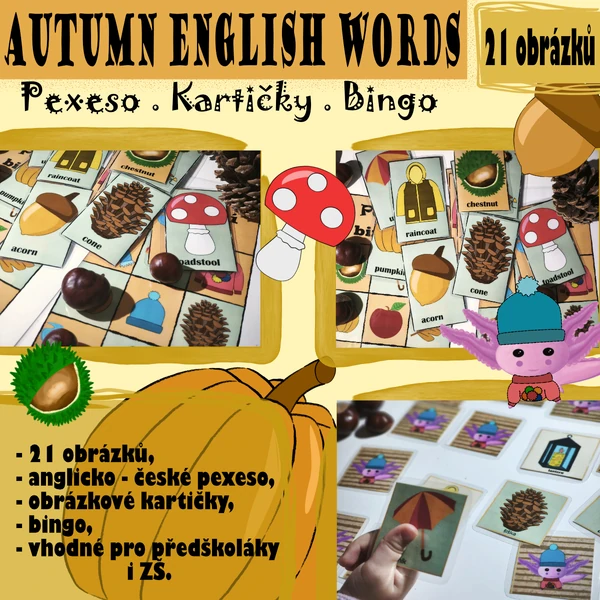 Autumn English Words - pexeso, kartičky, bingo