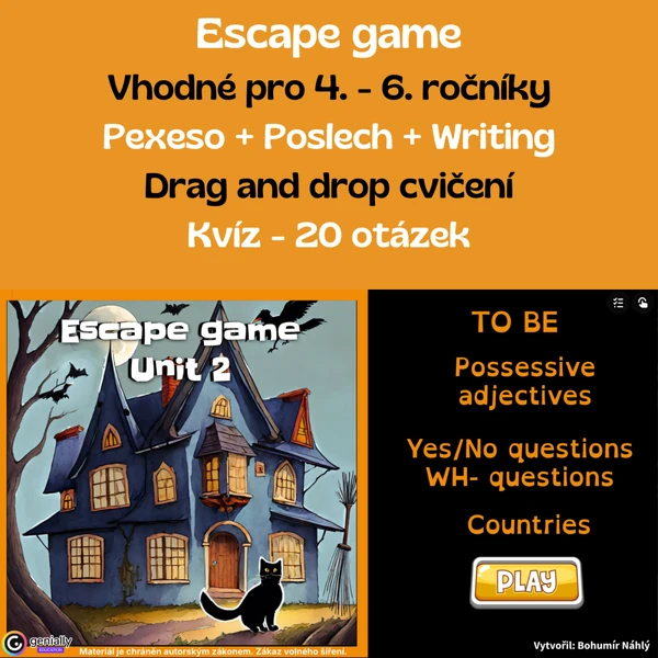 To be, possessive pronouns, Yes/no and WH- questions, countries - úniková hra