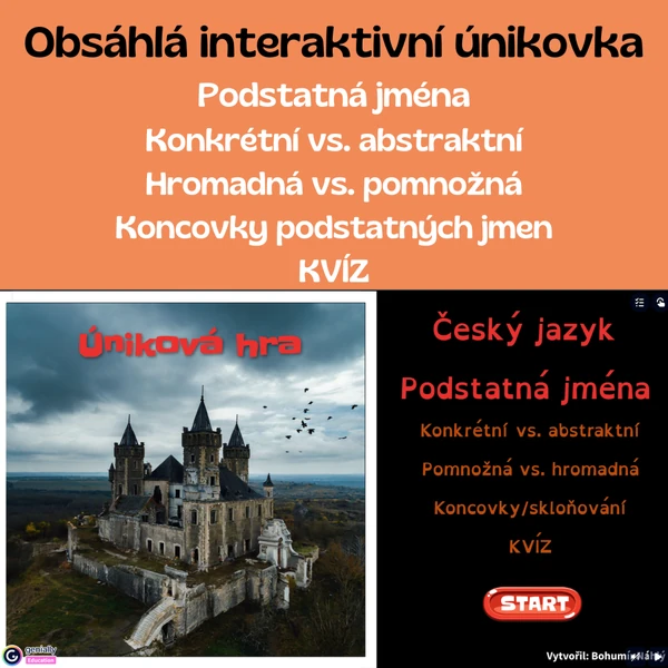 Podstatná jména - obsáhlá interaktivní úniková hra
