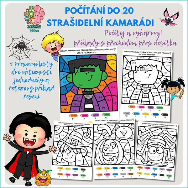 Počítej do 20 s přechodem přes 10 a vybarvuj - strašidelní kamarádi