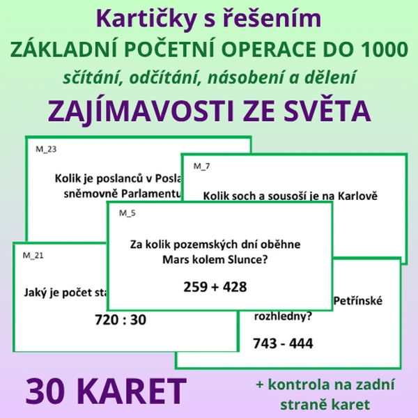 Kartičky s řešením – zajímavosti ze světa – sčítání, odčítání, násobení a dělení do 1000