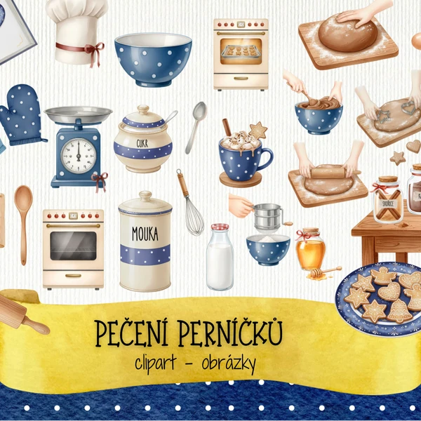 Vánoční ilustrace – clipart – Pečení perníčků | Akvarelová sada kuchyňských ilustrací | Vánoční pečení, cukroví, kuchyně