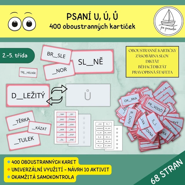 Psaní u, ú, ů - oboustranné kartičky