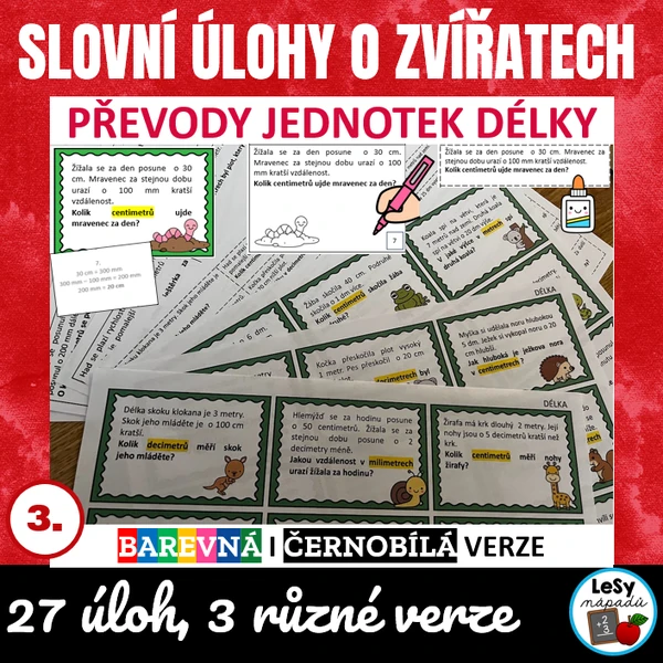 Slovní úlohy o zvířatech na kartičkách s převody jednotek délky