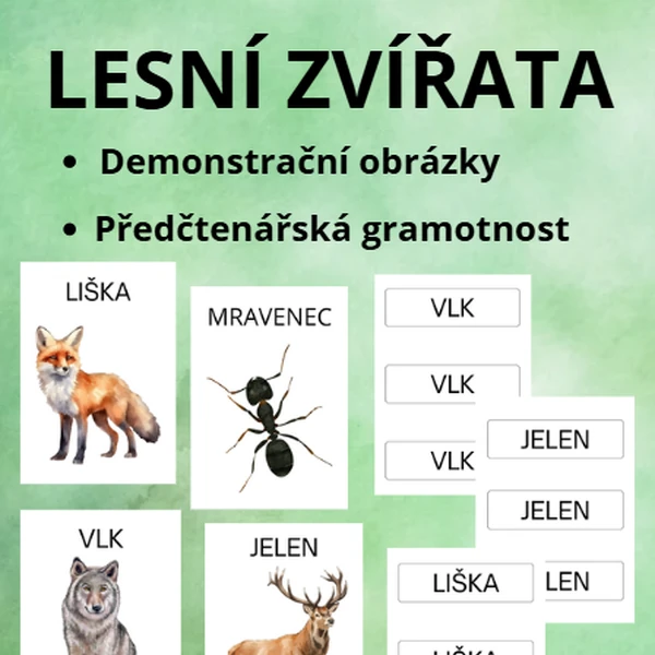 Lesní zvířata - demonstrační karty, předčtenářská gramotnost