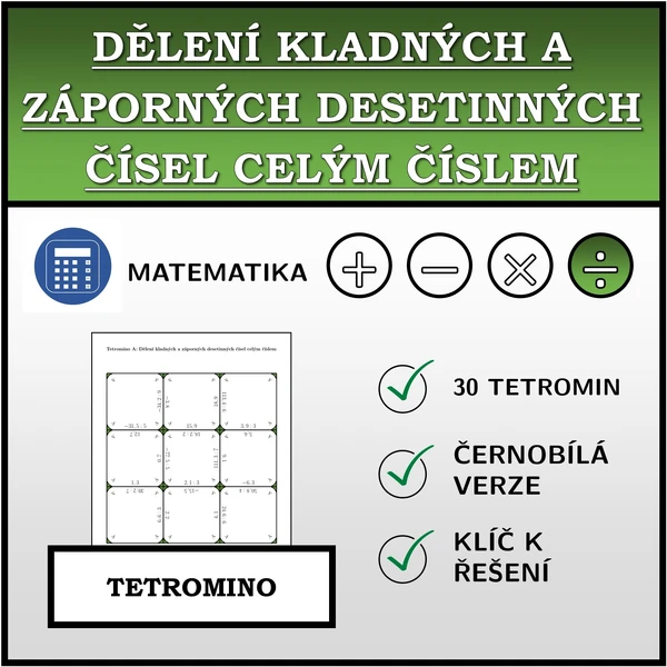 Tetromino - Dělení kladných a záporných desetinných čísel celým číslem | matematika