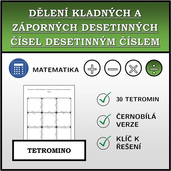 Tetromino - Dělení kladných a záporných desetinných čísel desetinným číslem | matematika