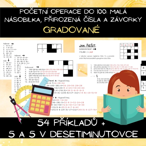 Početní operace do 100: malá násobilka, sčítání a odčítání přes desítku, přirozená čísla a závorky, gradované