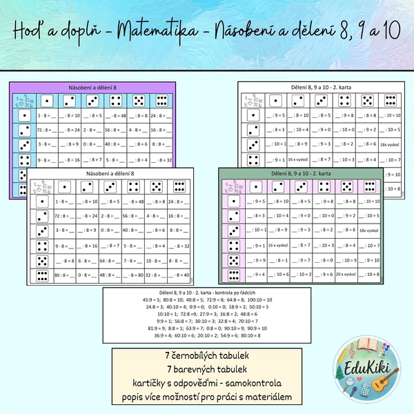 Hoď a doplň - Matematika - Násobení a dělení 8, 9 a 10