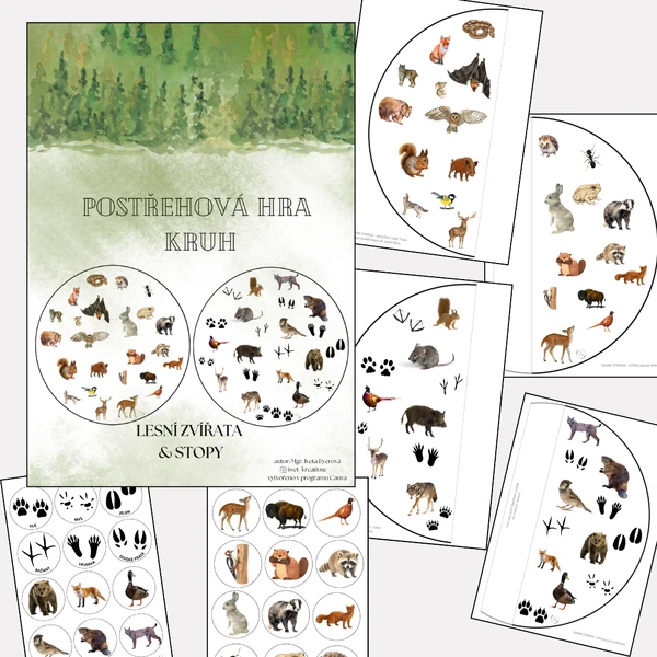 Postřehová KRUH - lesní zvířata, lesní zvířata a stopy (reálné obrázky zvířat)