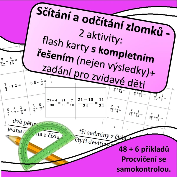 Zlomky -sčítání a odčítání -flash karty s kompletním řešením + práce pro zvídavé