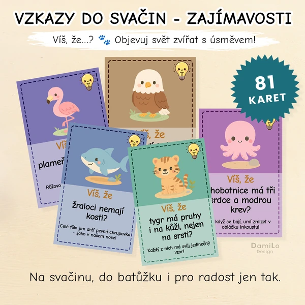 Vzdělávací kartičky o zvířatech - Víš, že... do školky, školy, do svačiny, na cestování či pro radost jen tak