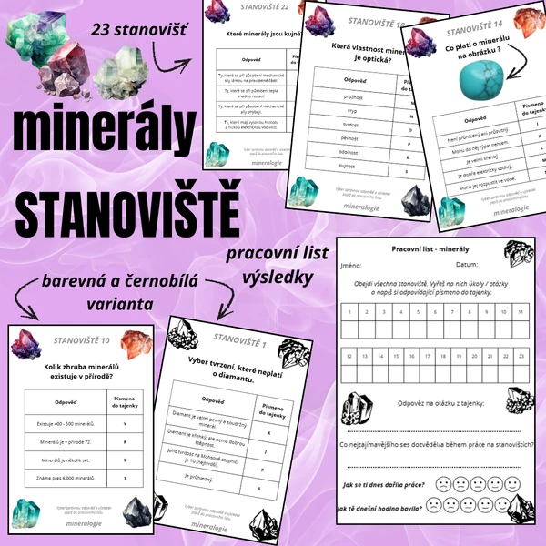 Stanoviště - mineralogie (23 stanovišť, barevná i černobílá verze, pracovní list, řešení)