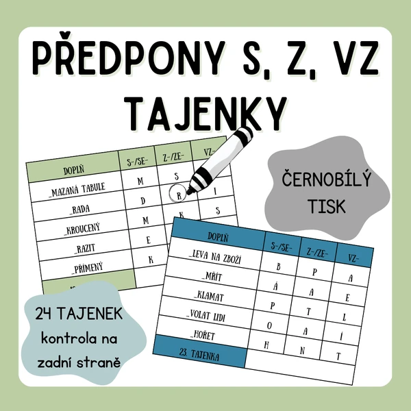 Předpony s, z, vz - procvičovací tajenky