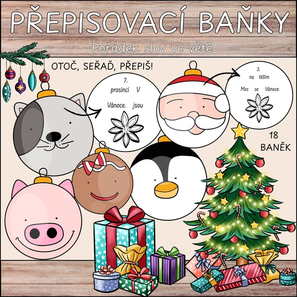 Vánoční baňky - pořádek slov ve větě, přepis