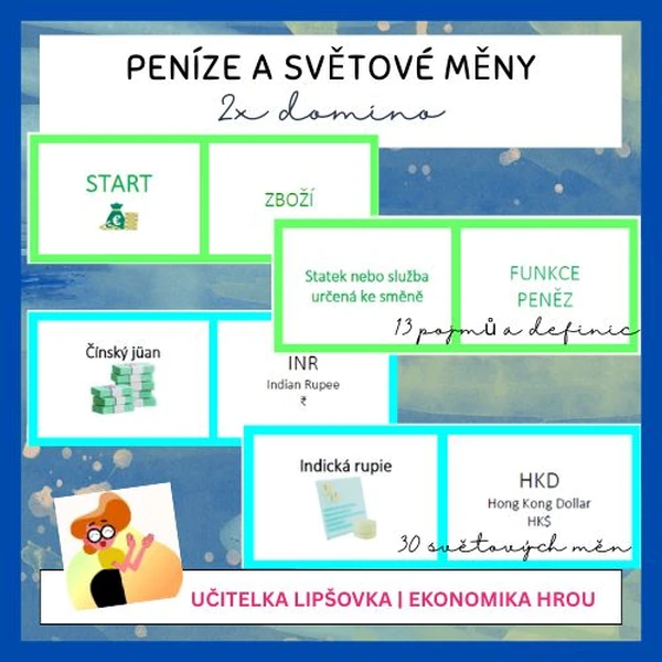 EKONOMIKA | PENÍZE A SVĚTOVÉ MĚNY 2x set karet pro hru DOMINO