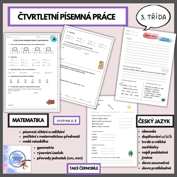 Čtvrtletní písemná práce 3. třída - matematika a český jazyk