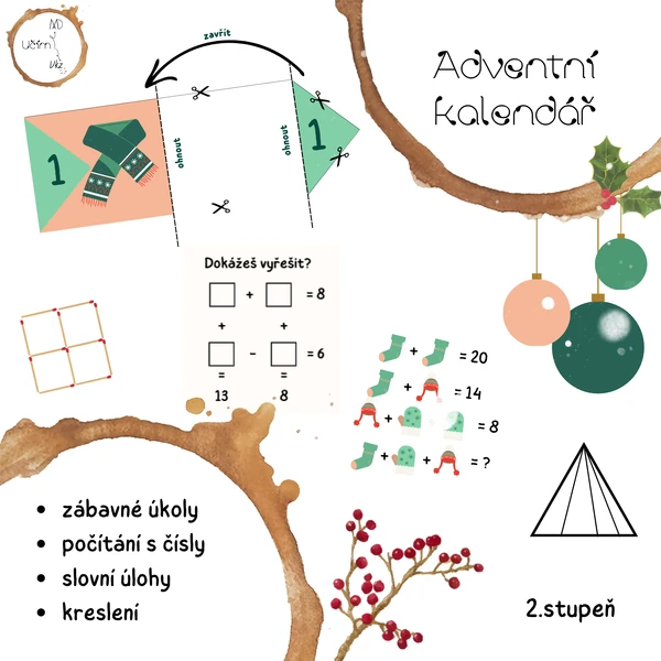 Adventní kalendář - zábavné úkoly, počítání s čísly, slovní úlohy, kreslení