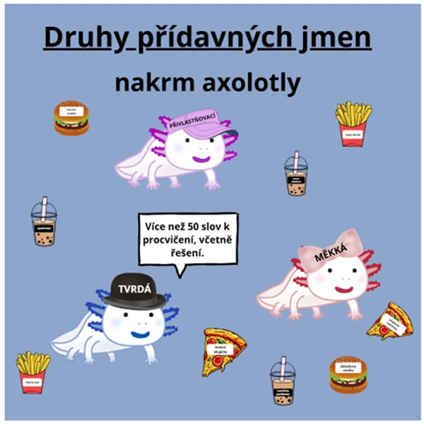 Druhy přídavných jmen s axolotly