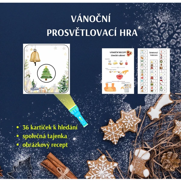 Vánoční prosvětlovací hra pro MŠ (36 kartiček k hledání, společná tajenka)