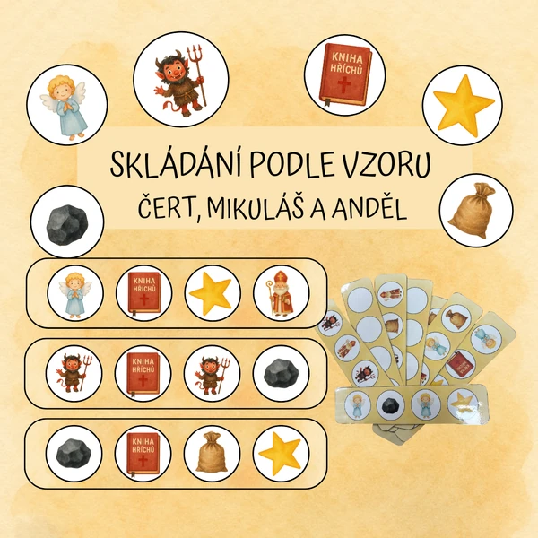 Skládání obrázků podle vzoru - Mikuláš, čert a anděl