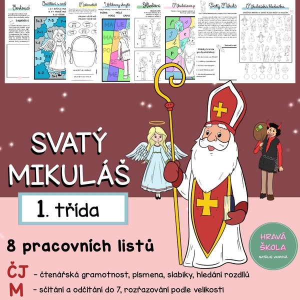 SVATÝ MIKULÁŠ - ČJ + M -1. TŘÍDA - 8 PL + řešení